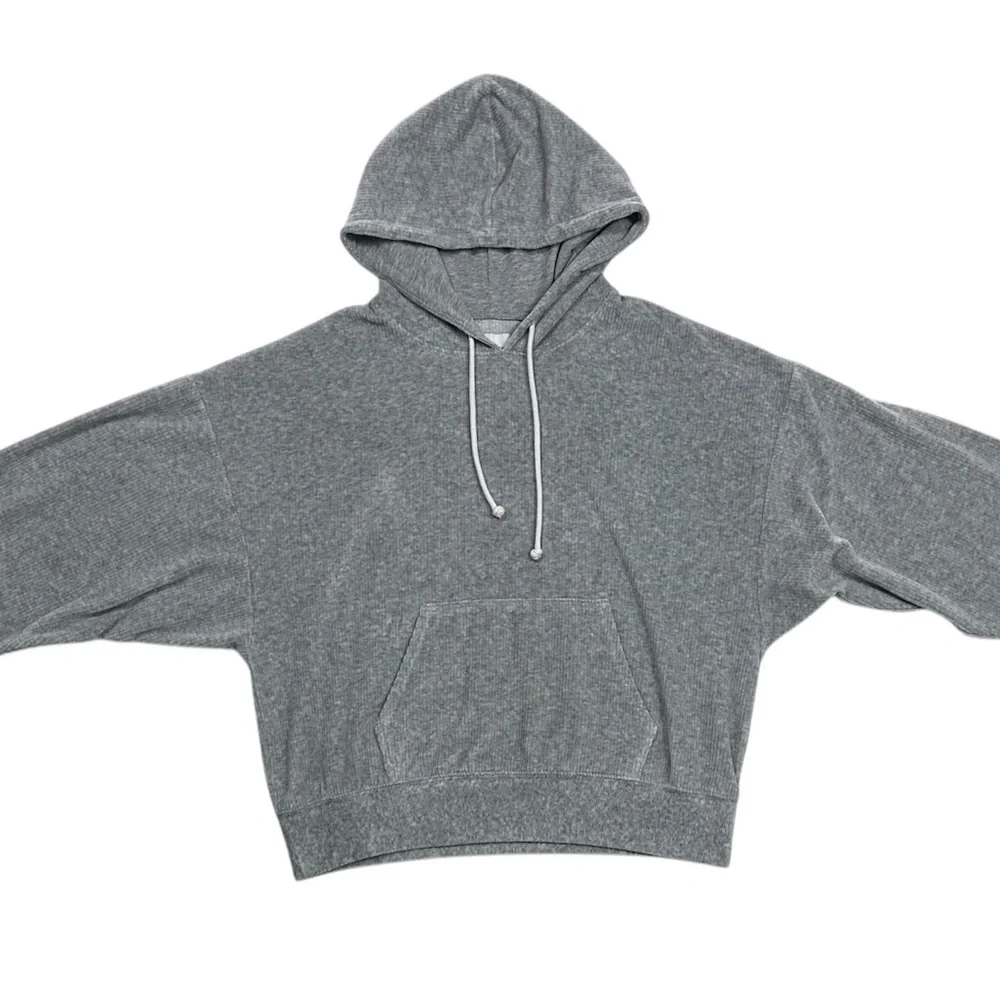 American Eagle Gray Knit Cropped Hoodie Sweater Drawstring Pocket Women’s M - Picture 5 of 8